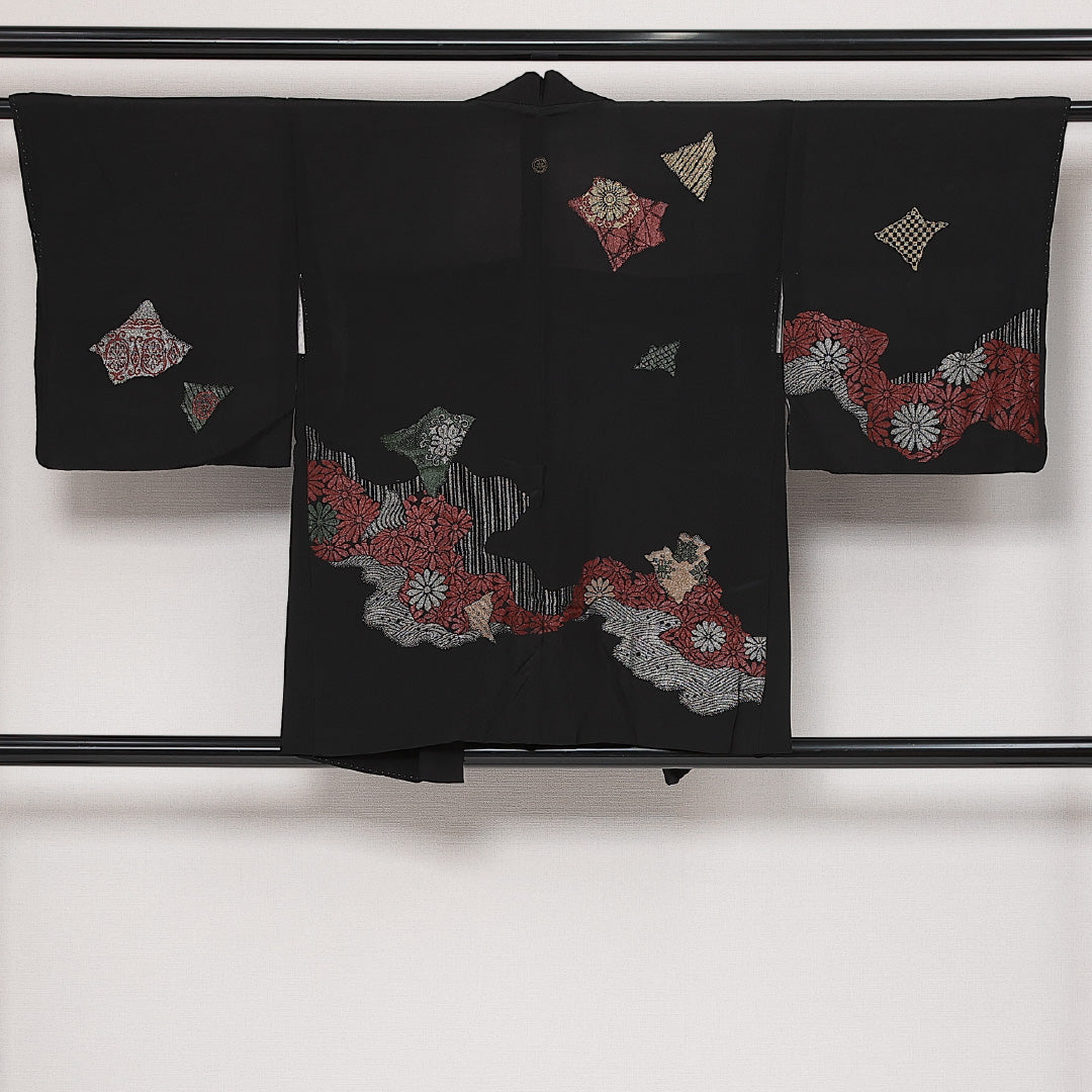 黒羽織 袷 身丈79cm 裄丈62cm 正絹 Aランク 一つ紋 (丸に片喰) セミフォーマル Sサイズ 菊 黒系 HP 1233-13786