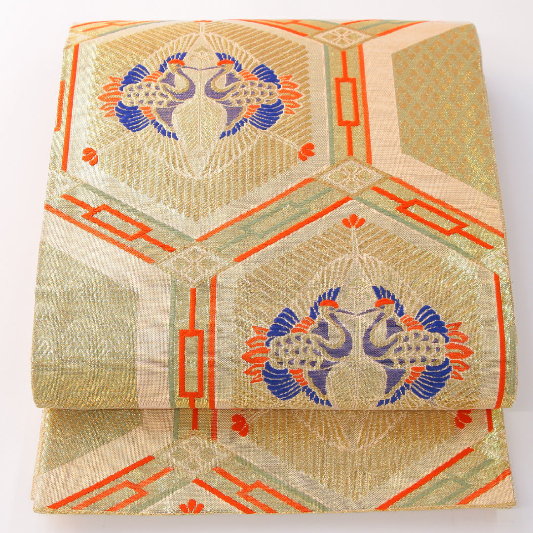 袋帯 帯丈442cm フォーマル 六通 Aランク 正絹 向かい鳥 鶴 金系 1223-02299