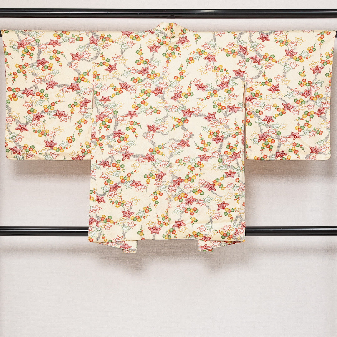 未使用品 羽織 袷 身丈83cm 裄丈64cm 正絹 Sランク カジュアル Mサイズ 紐あり しつけ糸 梅 紅葉 橘 クリーム系 RP 1232-13818
