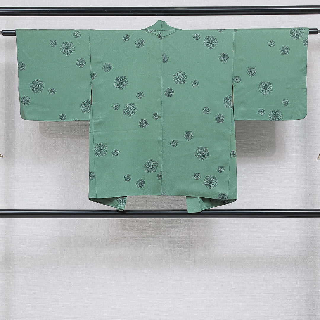 羽織 袷 身丈73cm 裄丈61cm 正絹 Bランク カジュアル Sサイズ 紐あり 鏡裏文 緑系 RP 1232-16119