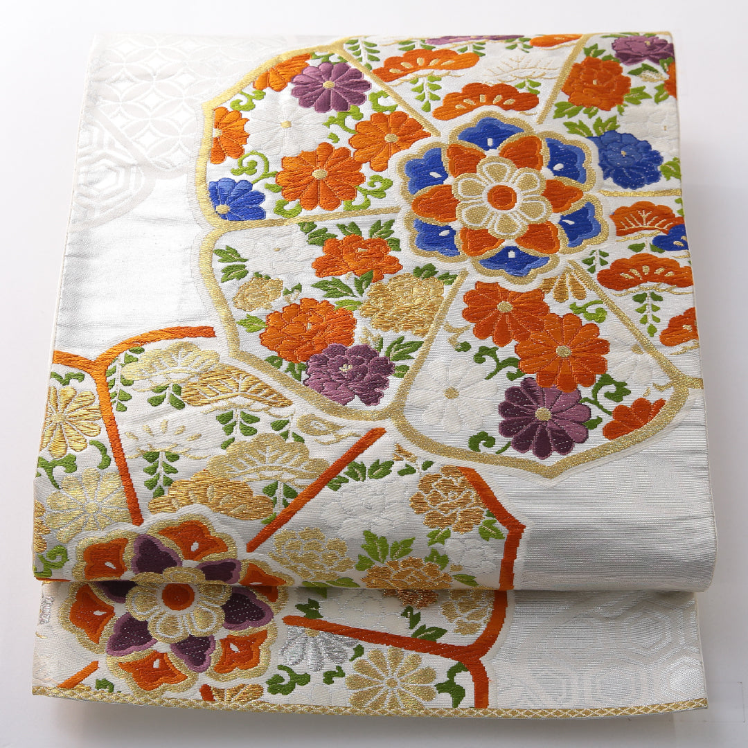 袋帯 帯丈420cm フォーマル 六通 Aランク 正絹 唐織 鏡裏文 銀系 1223-02149