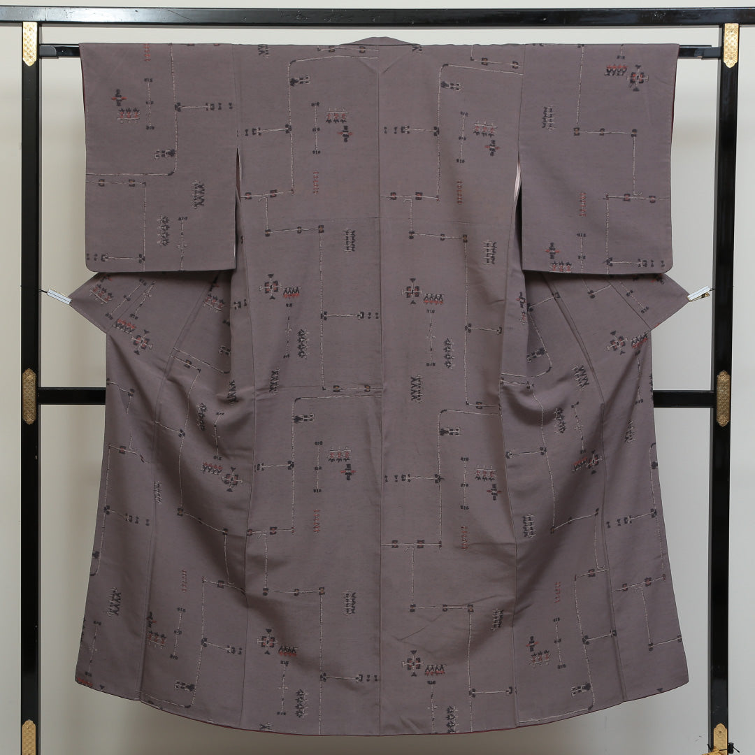 お召 袷 身丈147cm 裄丈63cm 正絹 Aランク XSサイズ 広衿 インフォーマル 創作柄 紫系 1265-00789