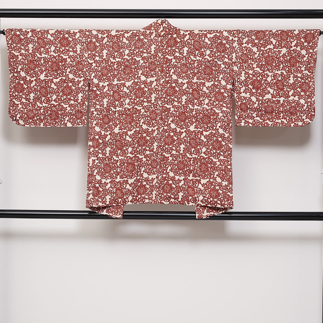 羽織 身丈76cm 裄丈65.5cm M 正絹 花文 紅型 赤系 白系 Cランク 1217-00868