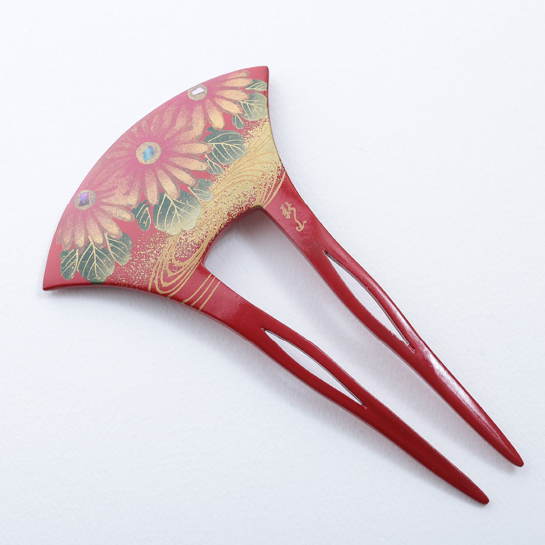 かんざし 和装小物 Aランク 新山 木工 蒔絵 赤系 1221-00007