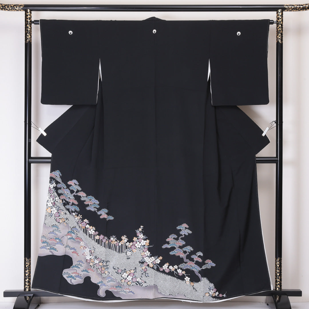 黒留袖 五つ紋 下り藤 身丈158cm 裄丈64cm Sランク 正絹 袷 比翼 広衿 M 京友禅 松 フォーマル 黒系 1211-F0215