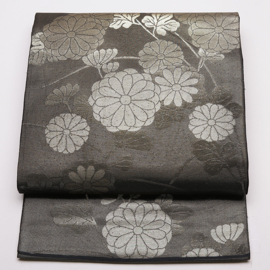 袋帯 帯丈428cm 六通 フォーマル Sランク 正絹 花柄 シック気品 黒系 1223-01436