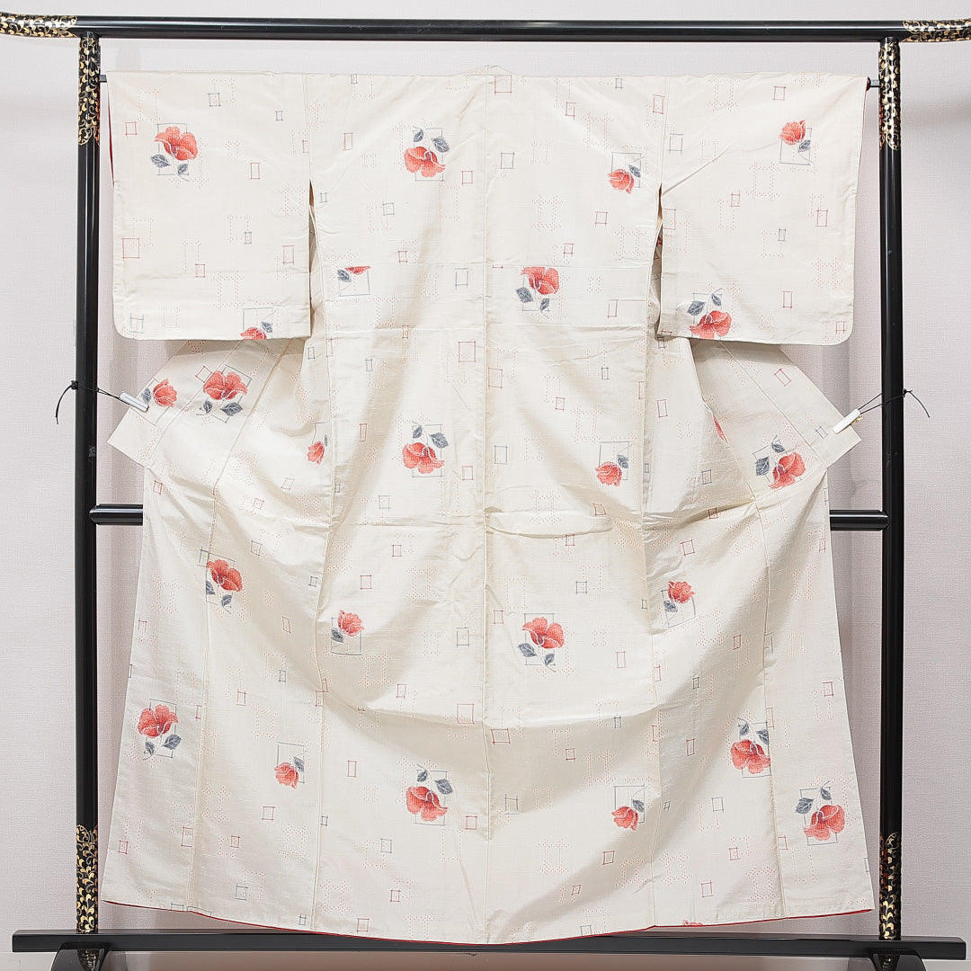 紬 袷 身丈159cm 裄丈66cm 正絹 Cランク カジュアル バチ衿 Mサイズ 花柄 クリーム系 LP 1223-15613