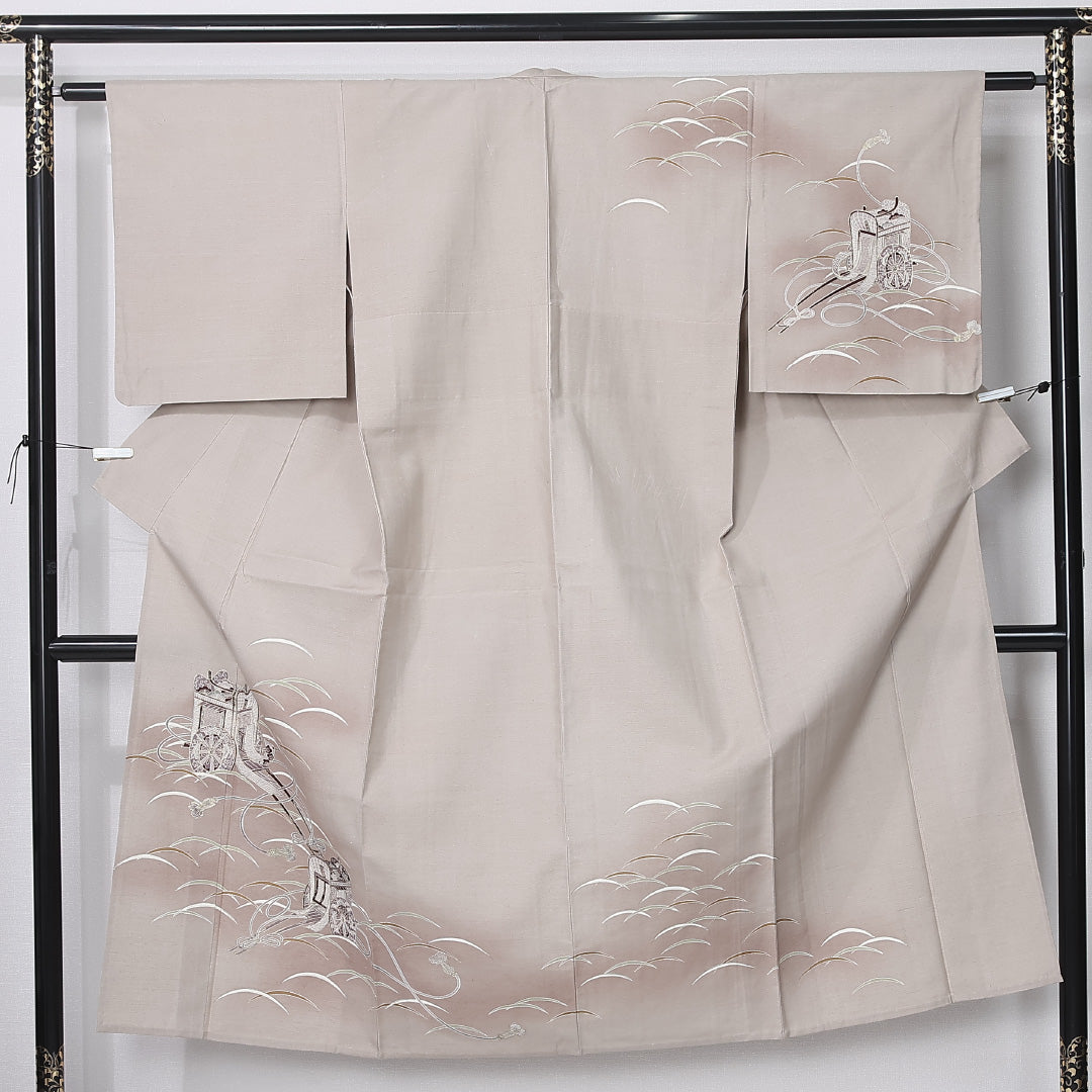 訪問着 単衣 身丈142cm 裄丈59cm 正絹 Aランク セミフォーマル 広衿 XSサイズ ぼかし染 金彩 御所車 染紬 茶系 M4 1217-12219