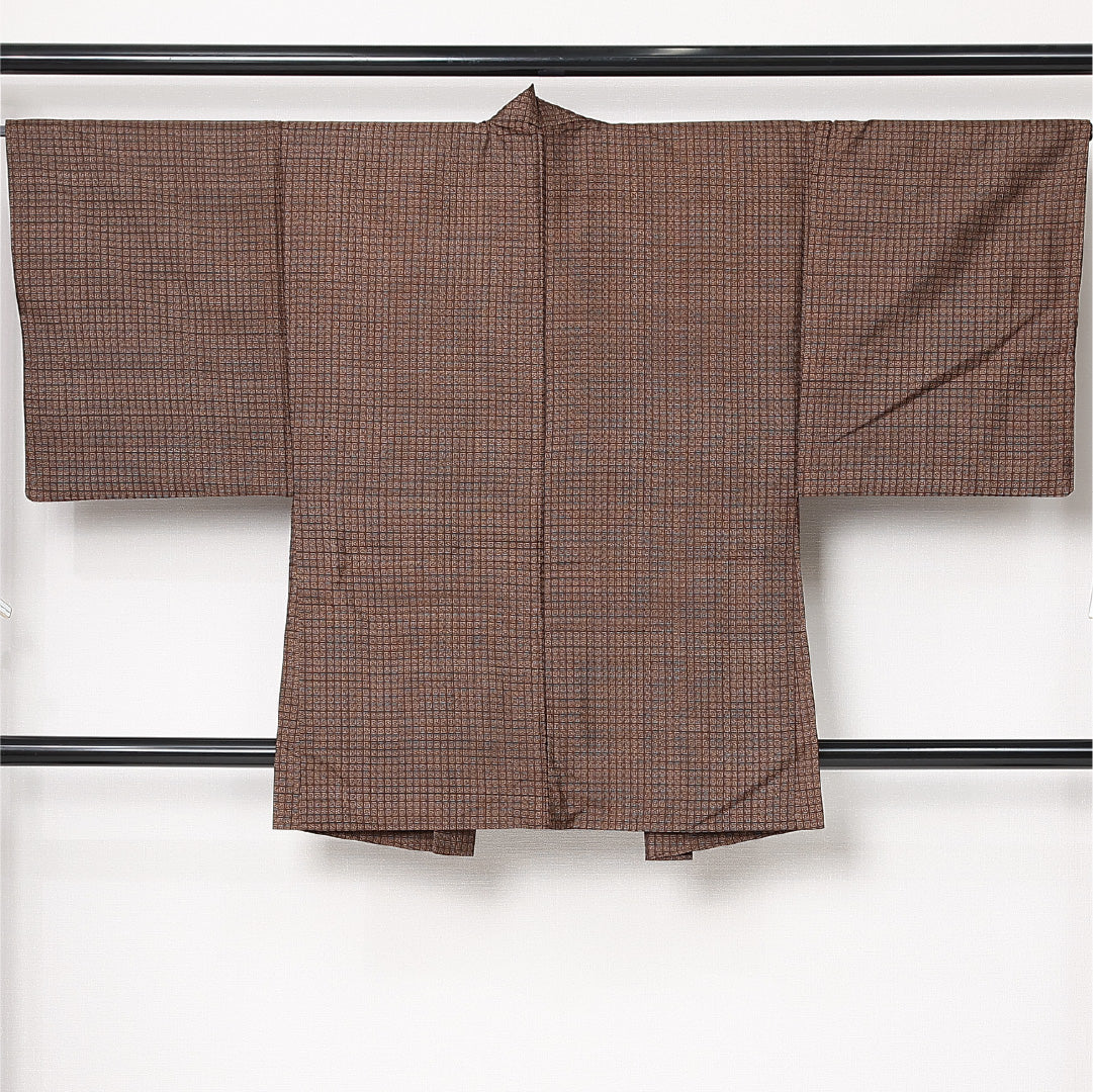 羽織 男性用 袷 身丈88cm 裄丈67cm 正絹 Aランク カジュアル Sサイズ 幾何学柄 茶系 RP 1235-12987