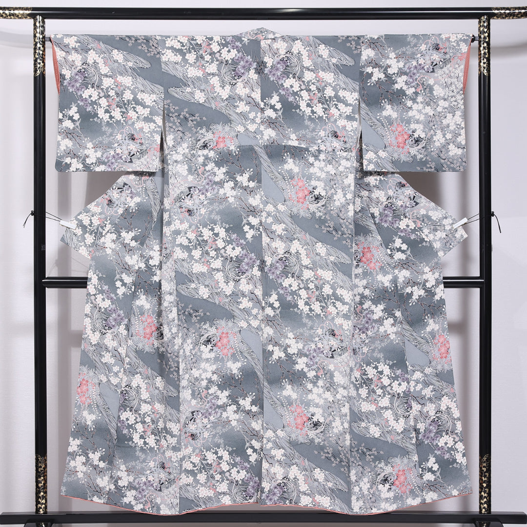 小紋 袷 身丈152cm 裄丈65cm 正絹 Aランク インフォーマル 広衿 Sサイズ 梅 桜 グレー系 RP 1221-11682
