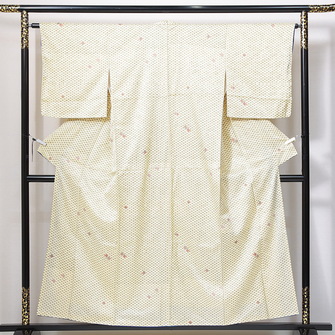 小紋 袷 身丈154cm 裄丈62cm 正絹 Sランク インフォーマル 広衿 Sサイズ 扇 古典柄 黄系 RP 1221-14907