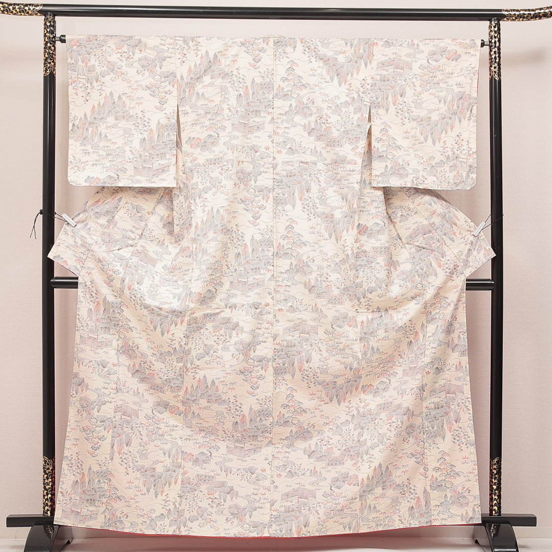 紬 クリーム系 正絹 袷 茶屋辻 1223-16996 背面全体