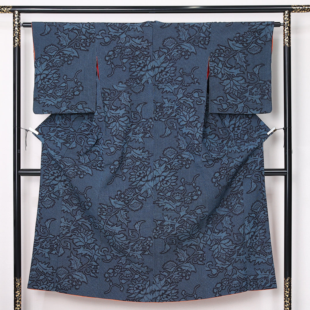 アンティーク 小紋 袷 身丈150cm 裄丈62cm 正絹 Aランク バチ衿 Sサイズ 唐草 紺系 M4 1221-12514