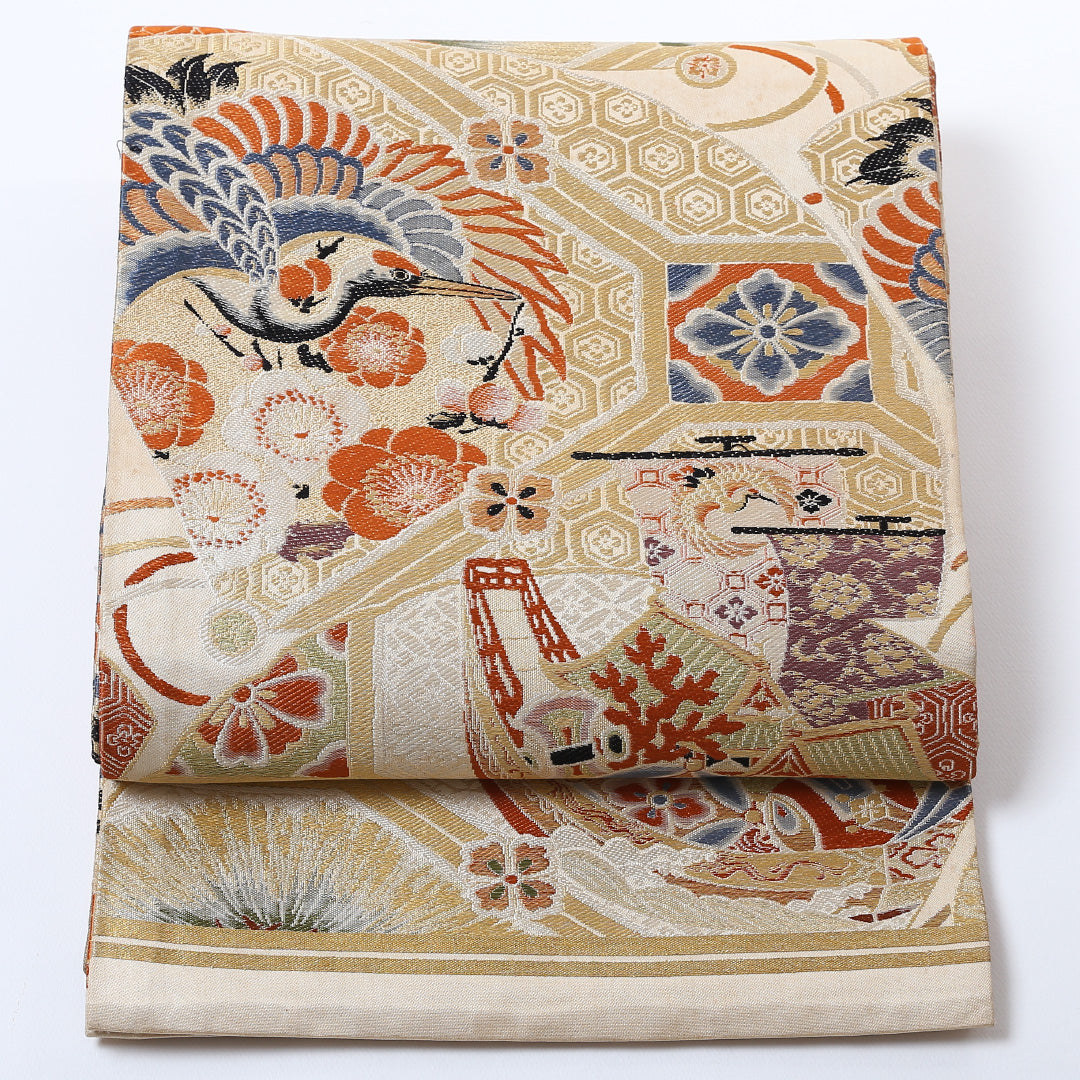 アンティーク 丸帯 帯丈406cm 全通 仕立て上がり フォーマル Cランク 宝船 金系 1223-00822-521 1223-00822