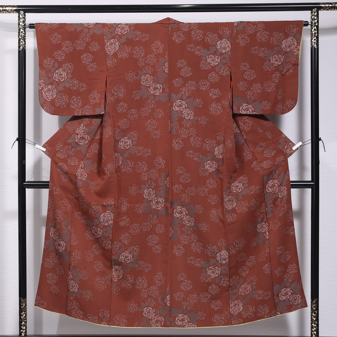 アンティーク お召 袷 身丈149cm 裄丈63cm 正絹 Dランク バチ衿 XSサイズ 薔薇 茶系 RP 1222-11681