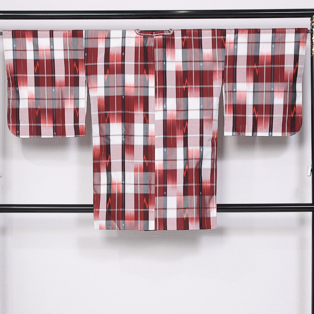 道行コート 身丈88cm 裄丈67cm M 正絹 Sランク 袷 紬 ポケットあり 格子 絣 1263-10799