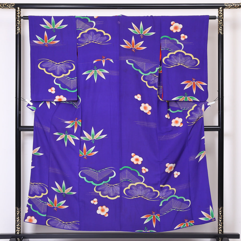 半額SALE☆ 着物◎アンティーク 袷 紫 鹿子と笹竹の織り地模様 染めで