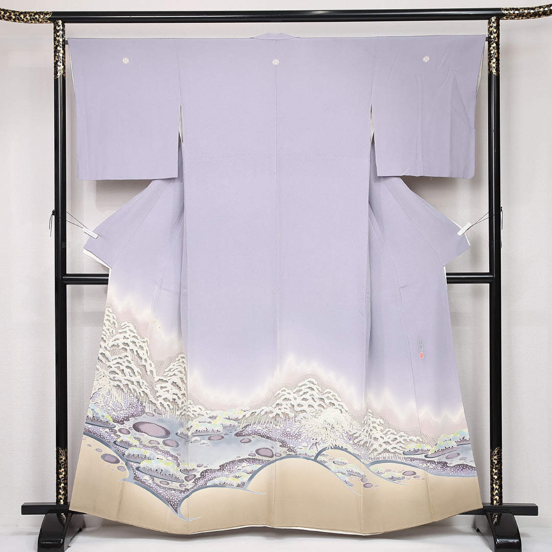 色留袖 三つ紋 丸に木瓜 加賀友禅作家 村田雪司 身丈158cm 裄丈66cm Bランク 正絹 広衿 M 落款 雪の兼六園 セミフォーマル 独創的 格調高い 紫系 1211-F0534