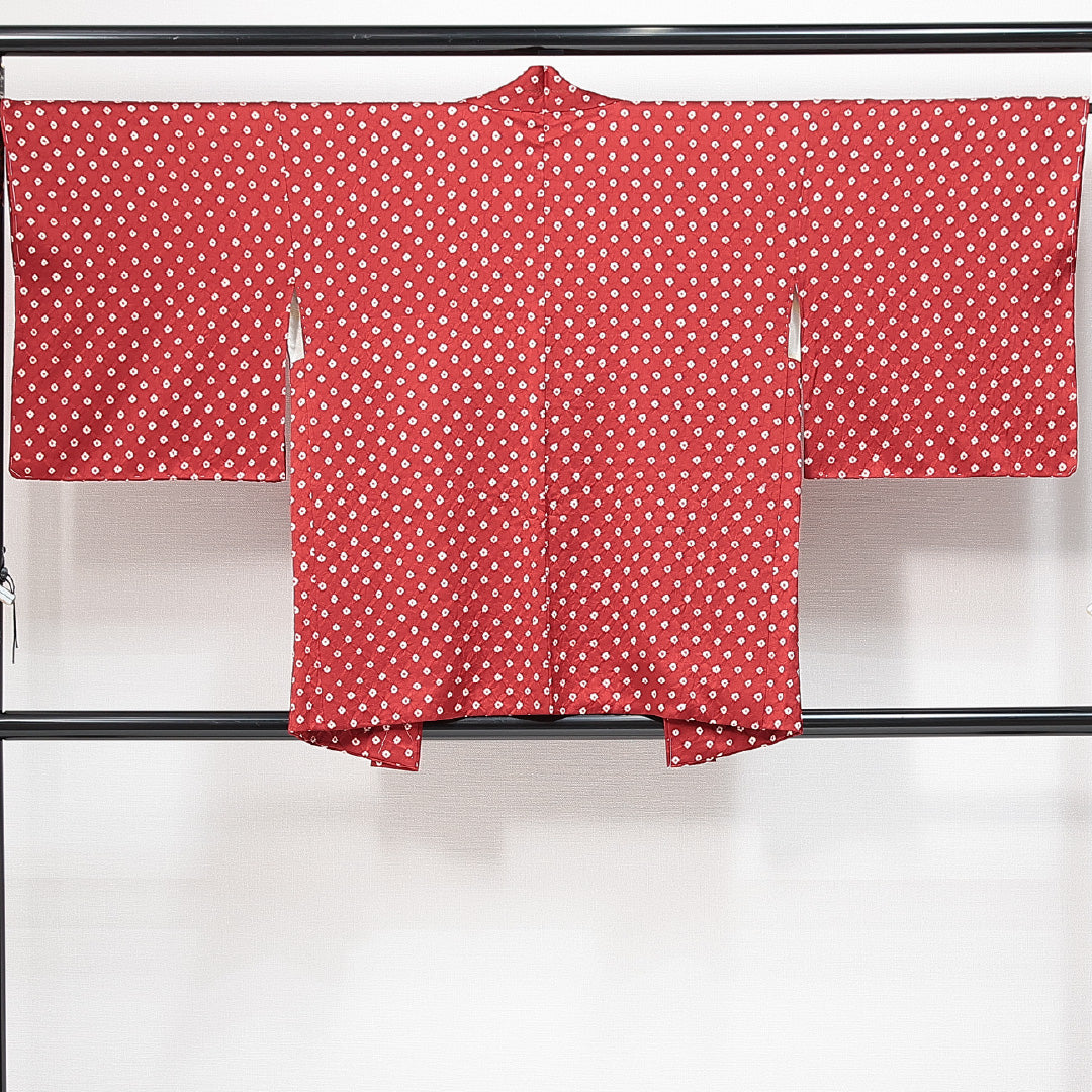 新古品 羽織(総絞り) 袷 身丈79cm 裄丈68cm 正絹 Nランク Lサイズ カジュアル 鹿の子柄 しつけ糸 赤系 1217-14754