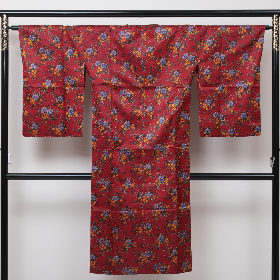 道行コート 洗える着物 袷 身丈128cm 裄丈65cm ポリエステル Cランク Mサイズ フォーマル 花柄 赤系 1263-05661