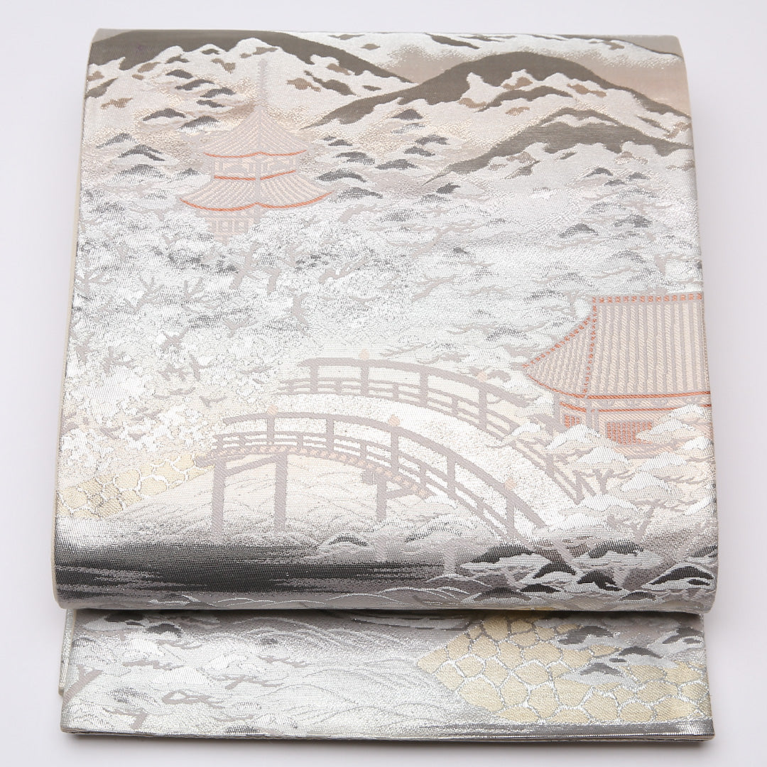 袋帯 帯丈432cm 六通 京洛百景 フォーマル セミフォーマル 緑系 正絹 Aランク 1223-01088