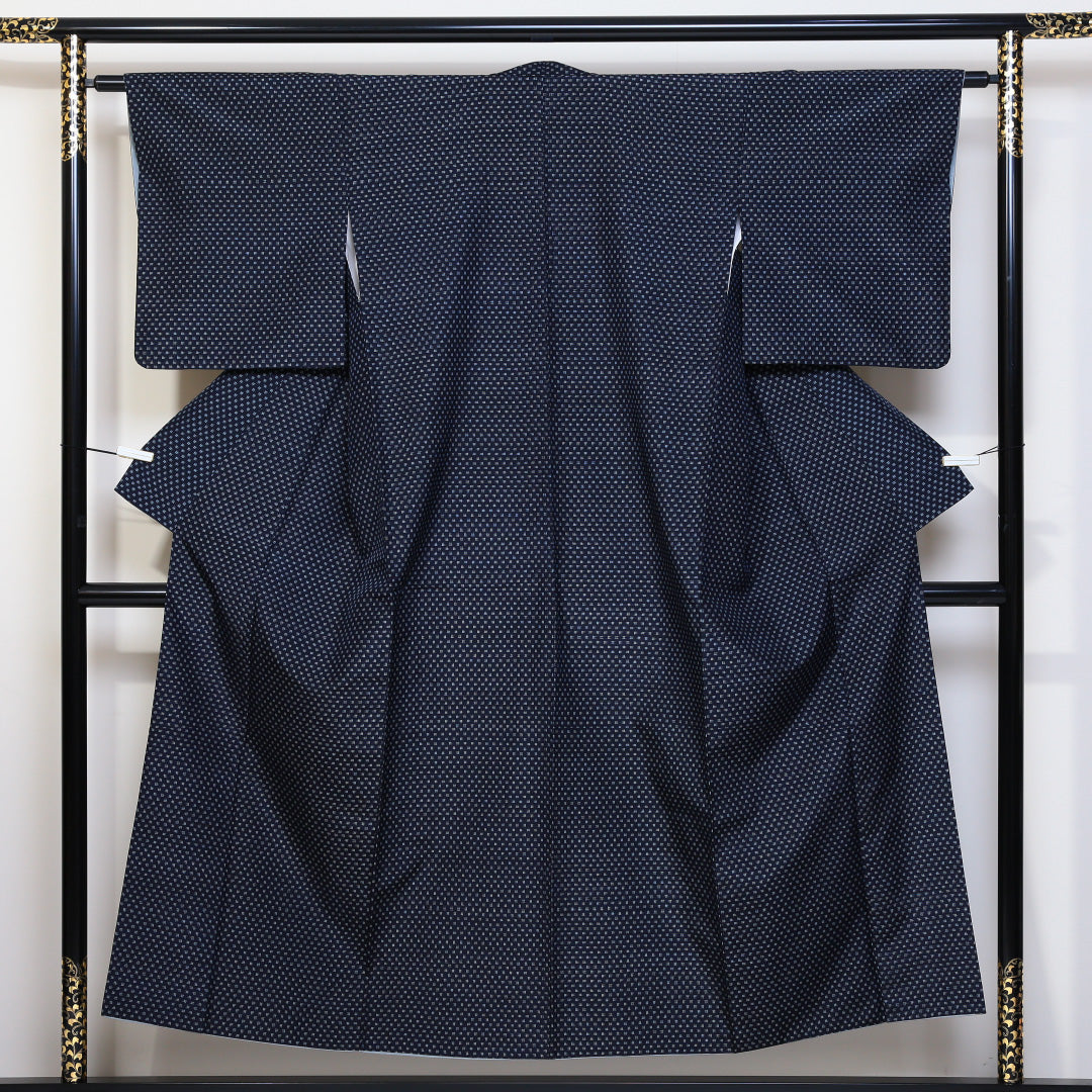 小紋 袷 身丈150cm 裄丈62cm 正絹 Sランク インフォーマル 広衿 Sサイズ 井絣 紺系 RP 1221-01721