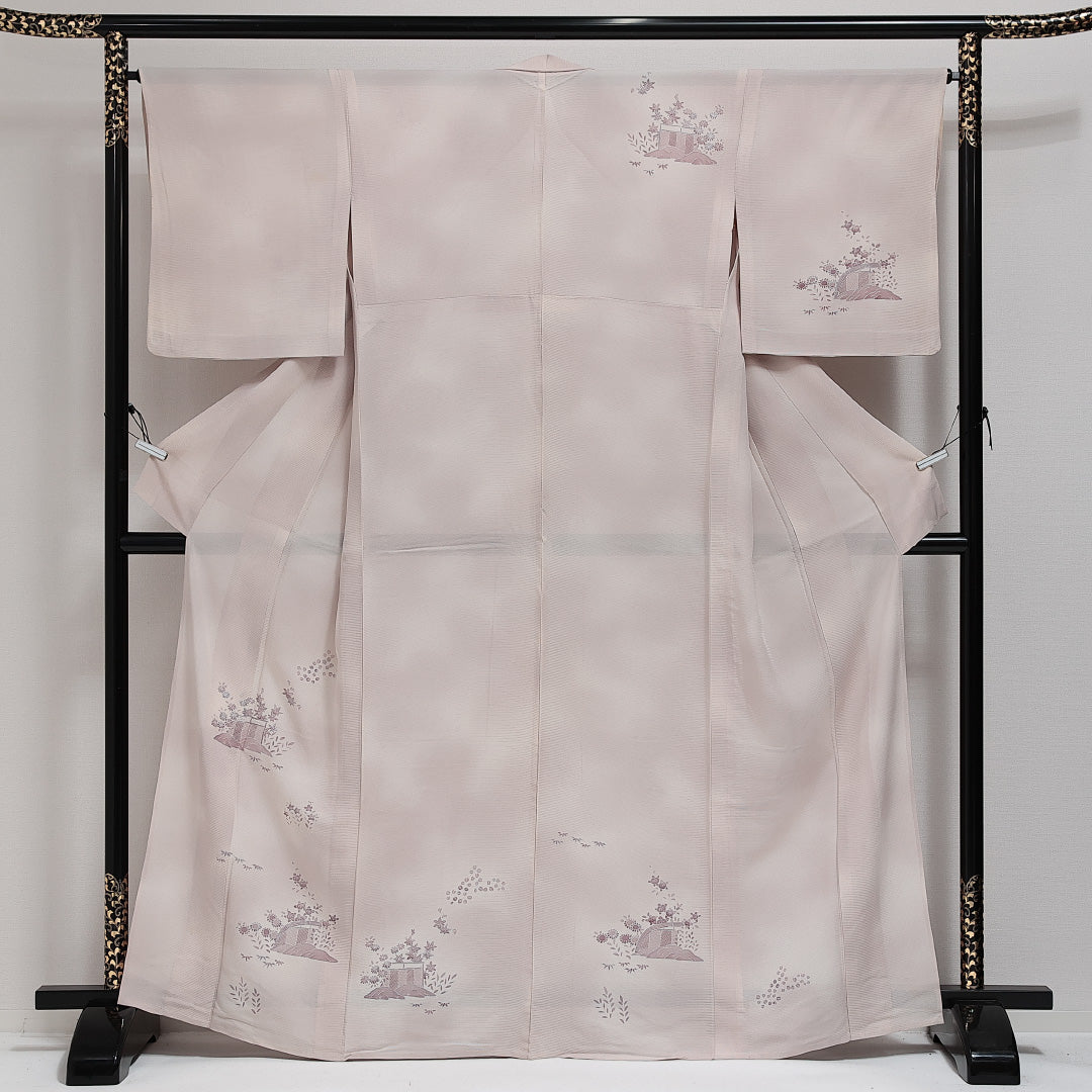 訪問着 (付下げ)絽 身丈163cm 裄丈63cm Aランク 正絹 広衿 Lサイズ セミフォーマル 檜垣 上品 落ち着き 紫系 クリーム系 1212-14273