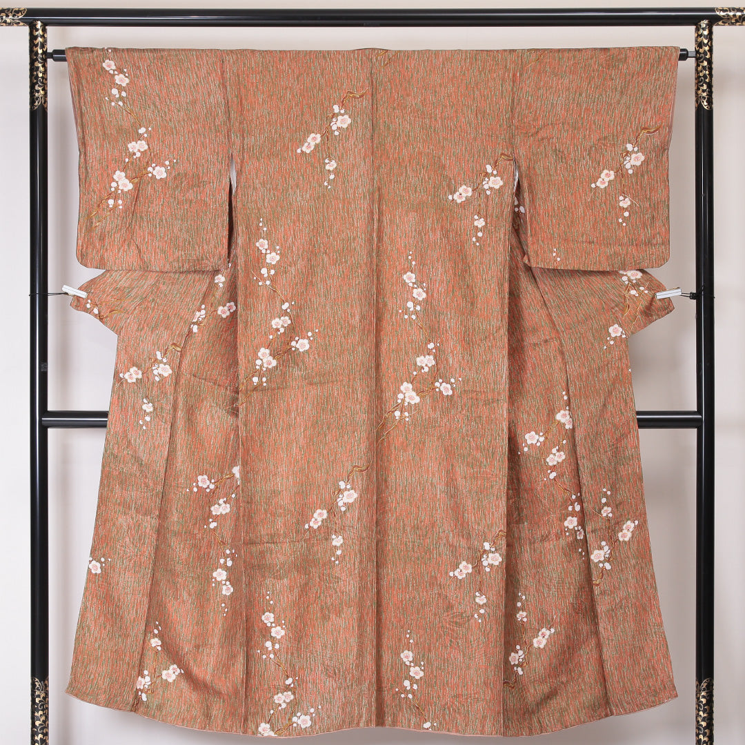 アンティーク 小紋 袷 身丈147cm 裄丈65cm 正絹 Aランク XSサイズ 広衿 梅 朱系 紫系 1215-02093