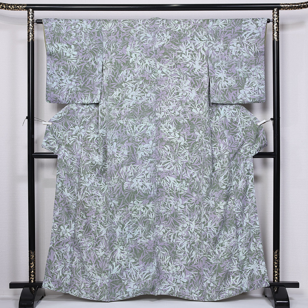 小紋 袷 身丈161cm 裄丈62cm 正絹 Bランク インフォーマル 広衿 Lサイズ 植物柄 緑系 RP 1221-11271