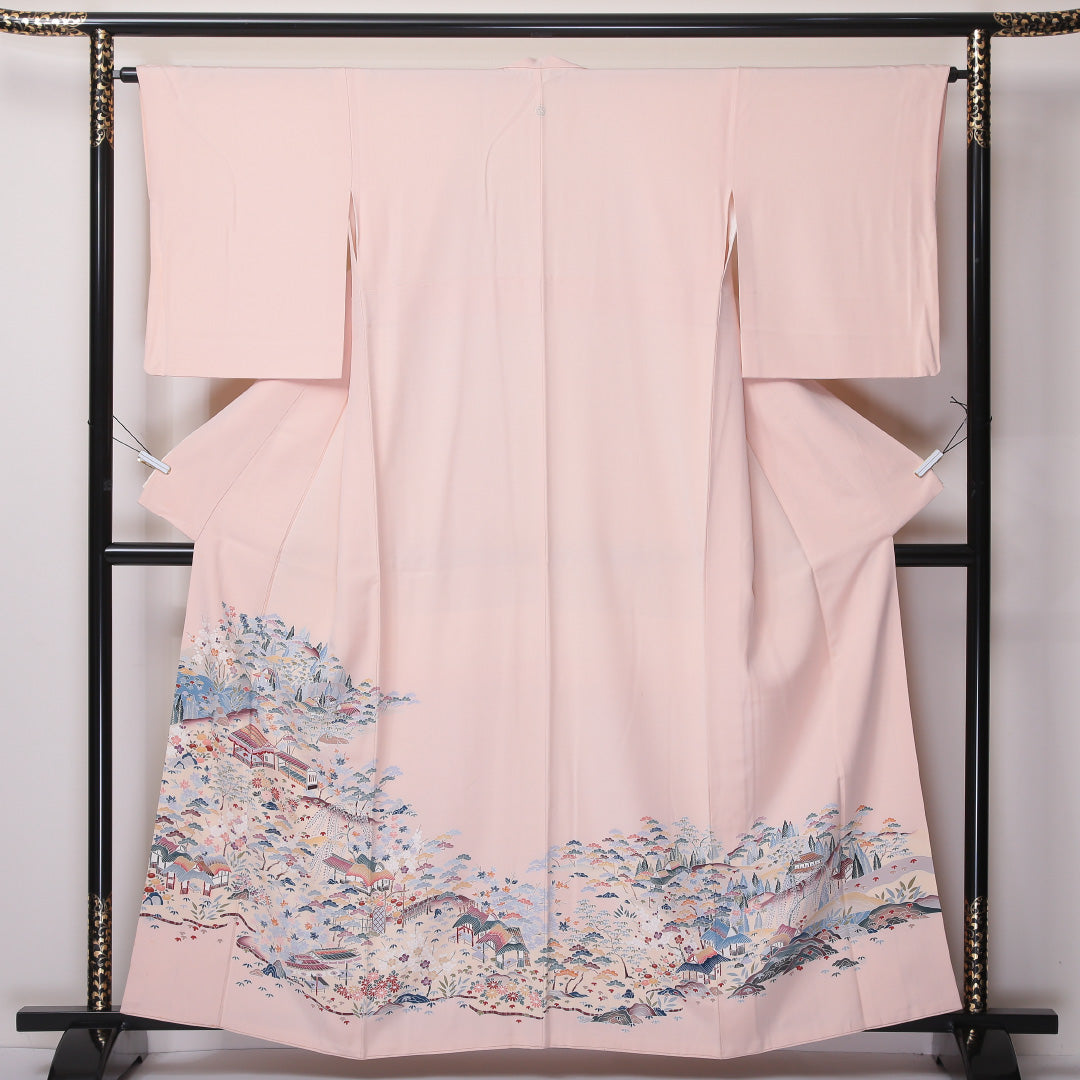 色留袖 一つ紋 丸に違い鷹の羽 身丈159cm 裄丈63cm Aランク 正絹 袷 広衿 M 茶屋辻 セミフォーマル ピンク系 1211-F0248