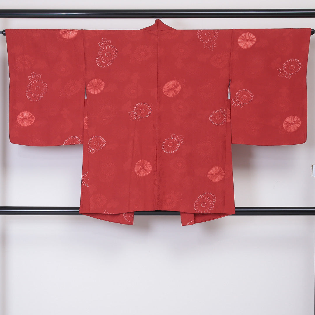 羽織 袷 身丈80cm 裄丈65cm 正絹 Sランク 紋意匠 (植物柄) カジュアル Mサイズ 絞り 紐あり 花柄 赤系 RP 1232-06035