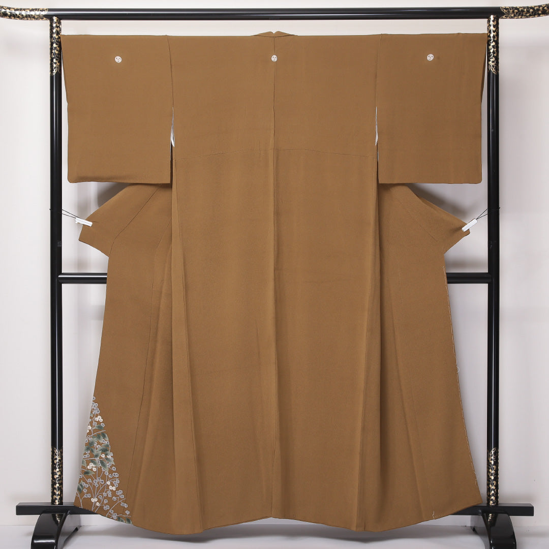 付下げ 袷 身丈159cm 裄丈67cm 正絹 Bランク Mサイズ 広衿 三つ紋(三つ巴) フォーマル 団栗色 植物柄 茶系 1261-04614