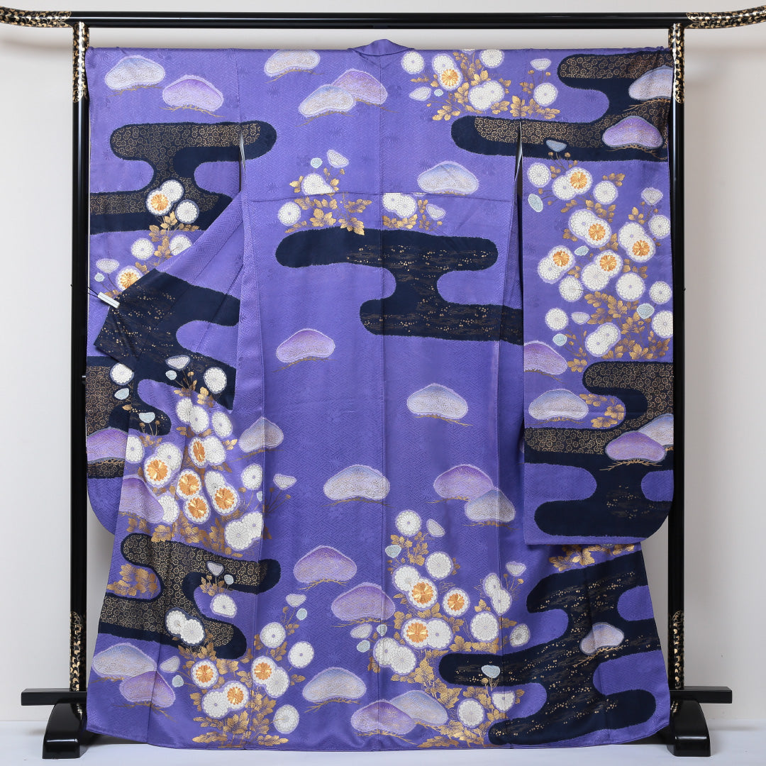 振袖 身丈171cm 裄丈70.5cm Bランク 袷 正絹 広衿 エ霞 金彩 金駒刺繍 松 1213-F0046