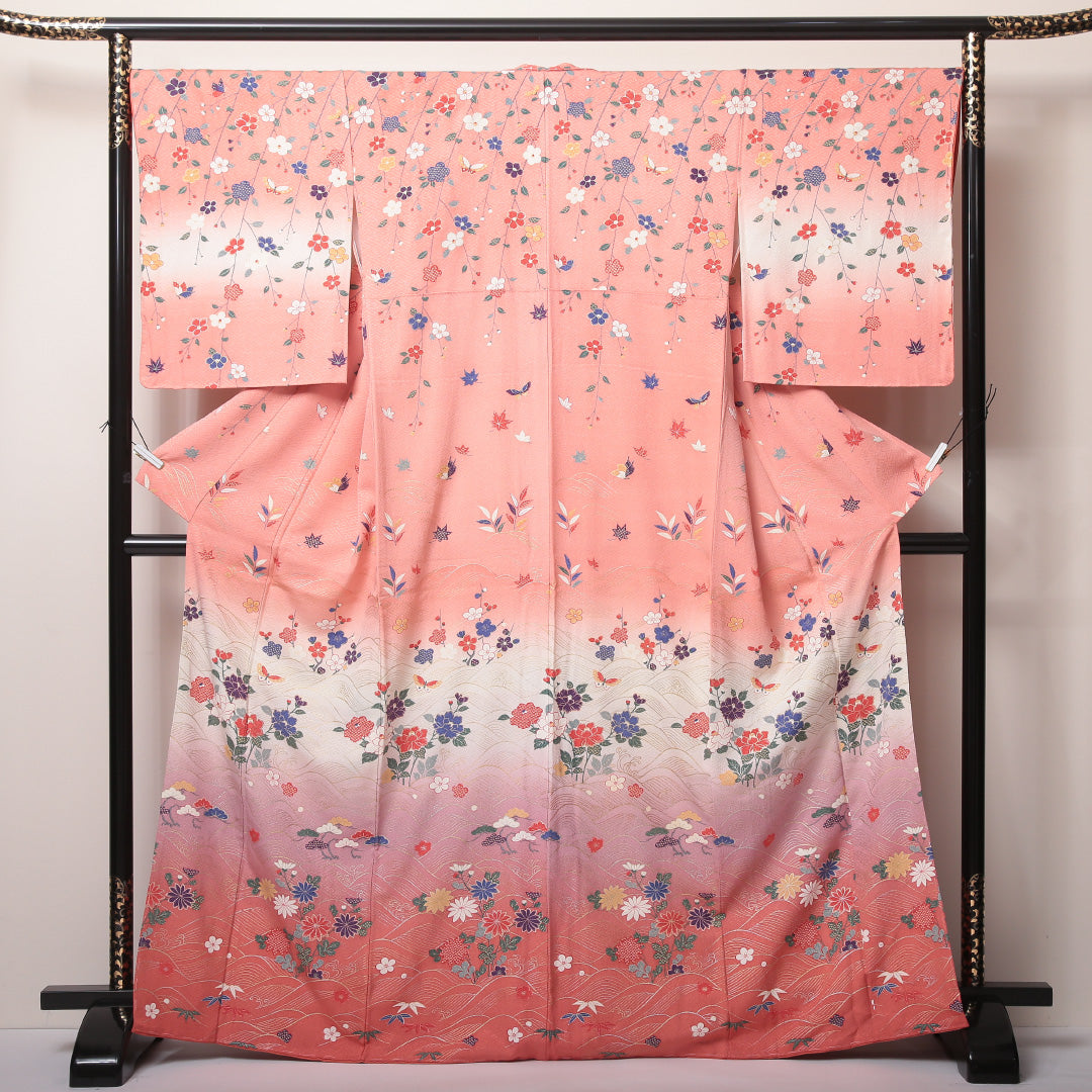 訪問着 袷 身丈165~169cm 裄67cm 正絹 花 蝶 紋意匠 紗綾形 ぼかし ピンク系 しつけ糸 Sランク 1212-00595