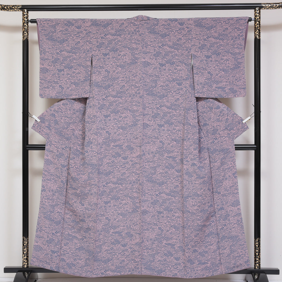 小紋 ちりめん 袷 身丈158cm 裄63cm ピンク系 茶屋辻 型染め 正絹 Sランク しつけ糸 1215-01770-2313