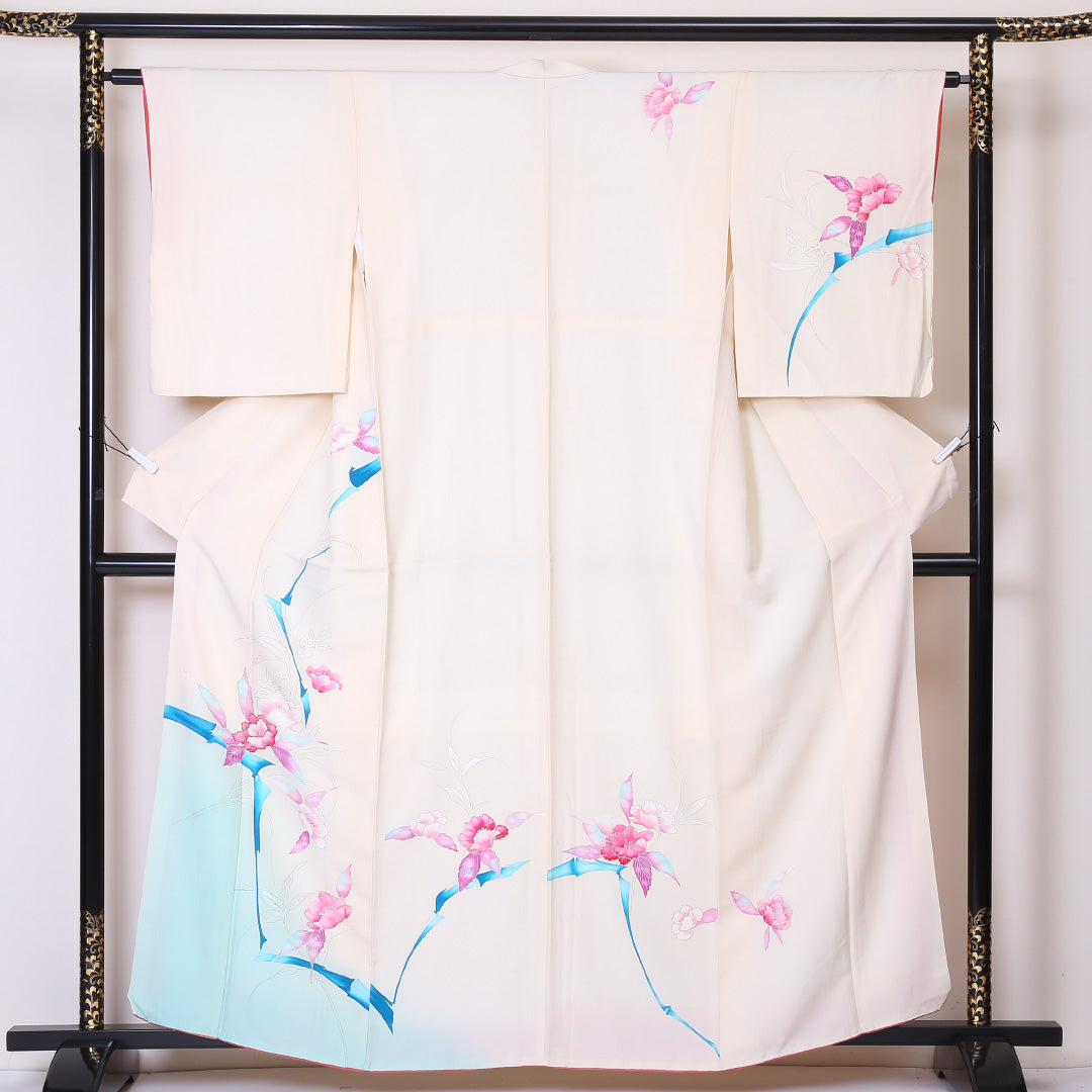 訪問着 袷 身丈161cm 裄丈62cm 正絹 Cランク Lサイズ 広衿 セミフォーマル 牡丹 金駒刺繍 クリーム系 1212-04478