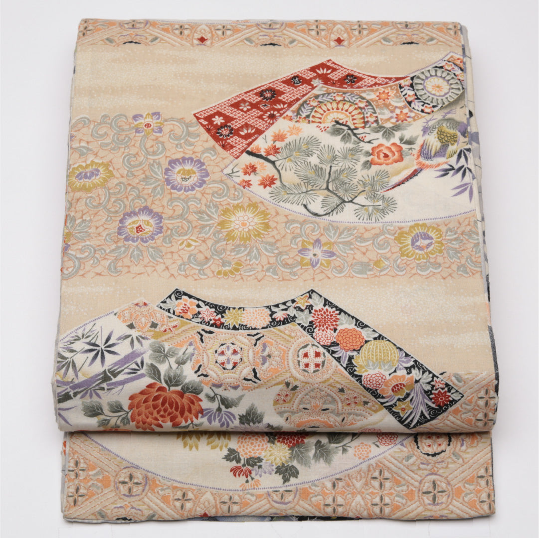 アンティーク 名古屋帯 帯丈360cm Aランク 開き仕立て 全通 木綿 檜扇 唐花 桜 リバーシブル セミフォーマル クリーム系 1224-01589