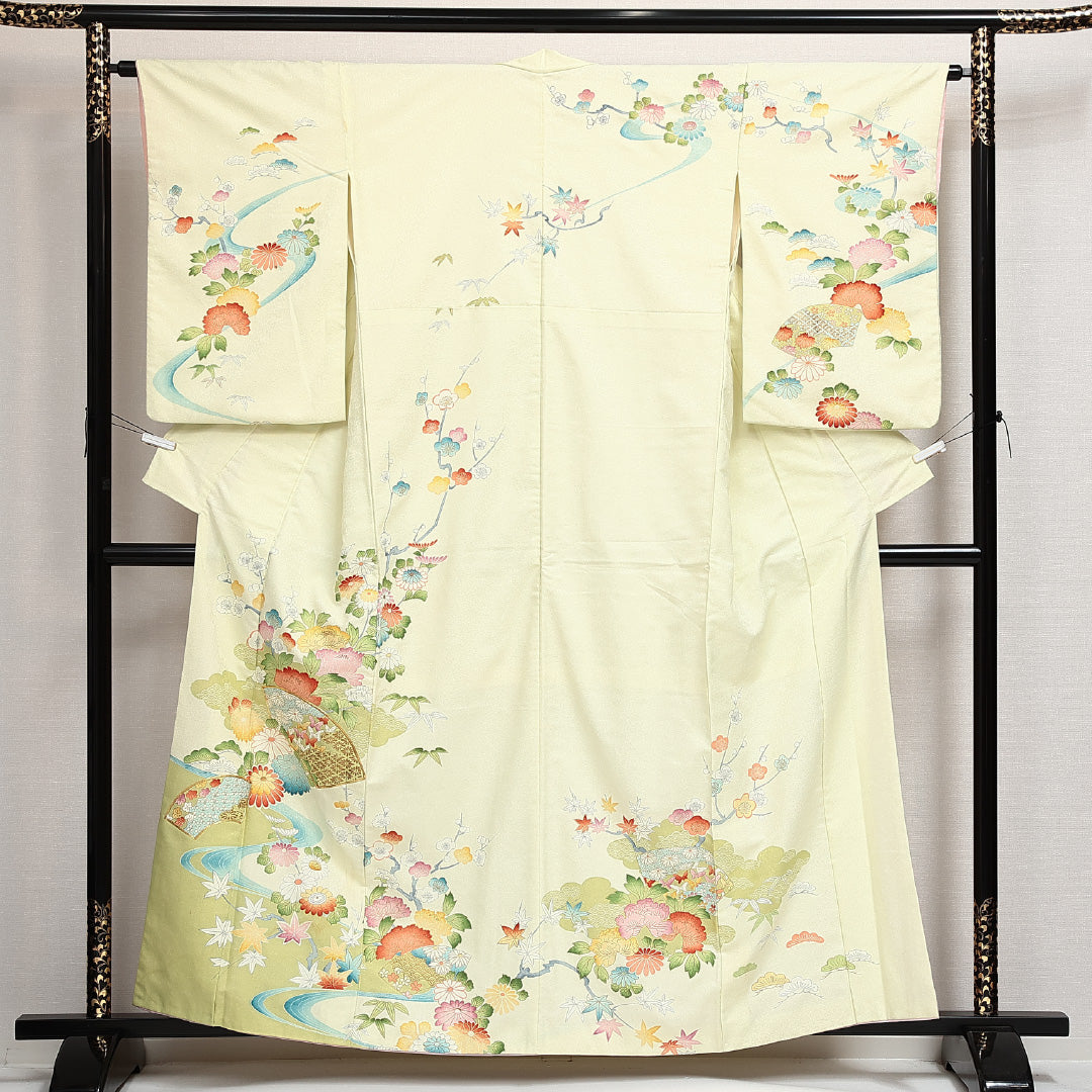 洗える着物 訪問着 袷 身丈158cm 裄丈61cm ポリエステル Cランク セミフォーマル 広衿 Mサイズ 金駒刺繍 扇 牡丹 黄系 LP 1217-14020