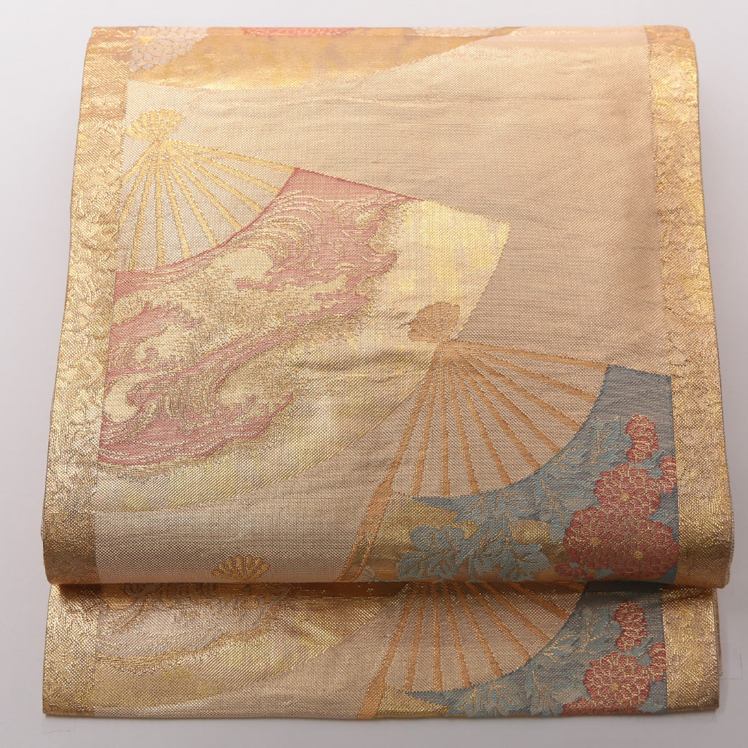 袋帯 帯丈464cm 正絹 六通 フォーマル 扇面文 吉祥文様 金系 1243-01461