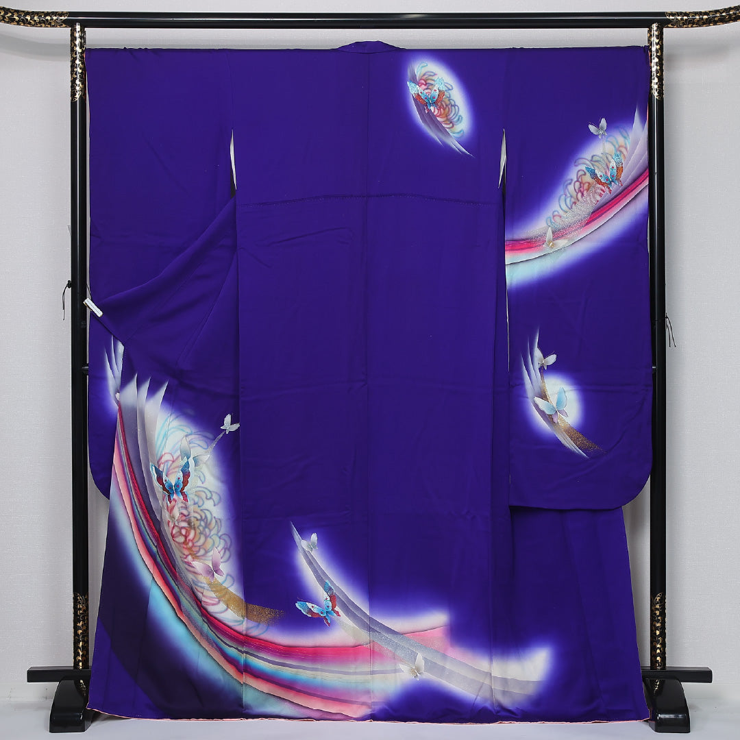 振袖 身丈167cm 裄丈68.5cm Sランク 袷 正絹 M 広衿 モダン ぼかし 蝶 吉祥文様 青系 1213-F0431