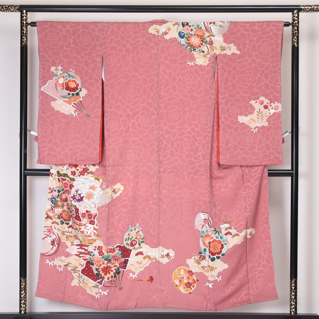 アンティーク 訪問着 (錦紗) 袷 身丈151cm 裄丈63cm 正絹 Aランク 紋意匠 (吉祥文様) 広衿 Sサイズ 花柄 吉祥文様 ピンク系 RP 1217-04501