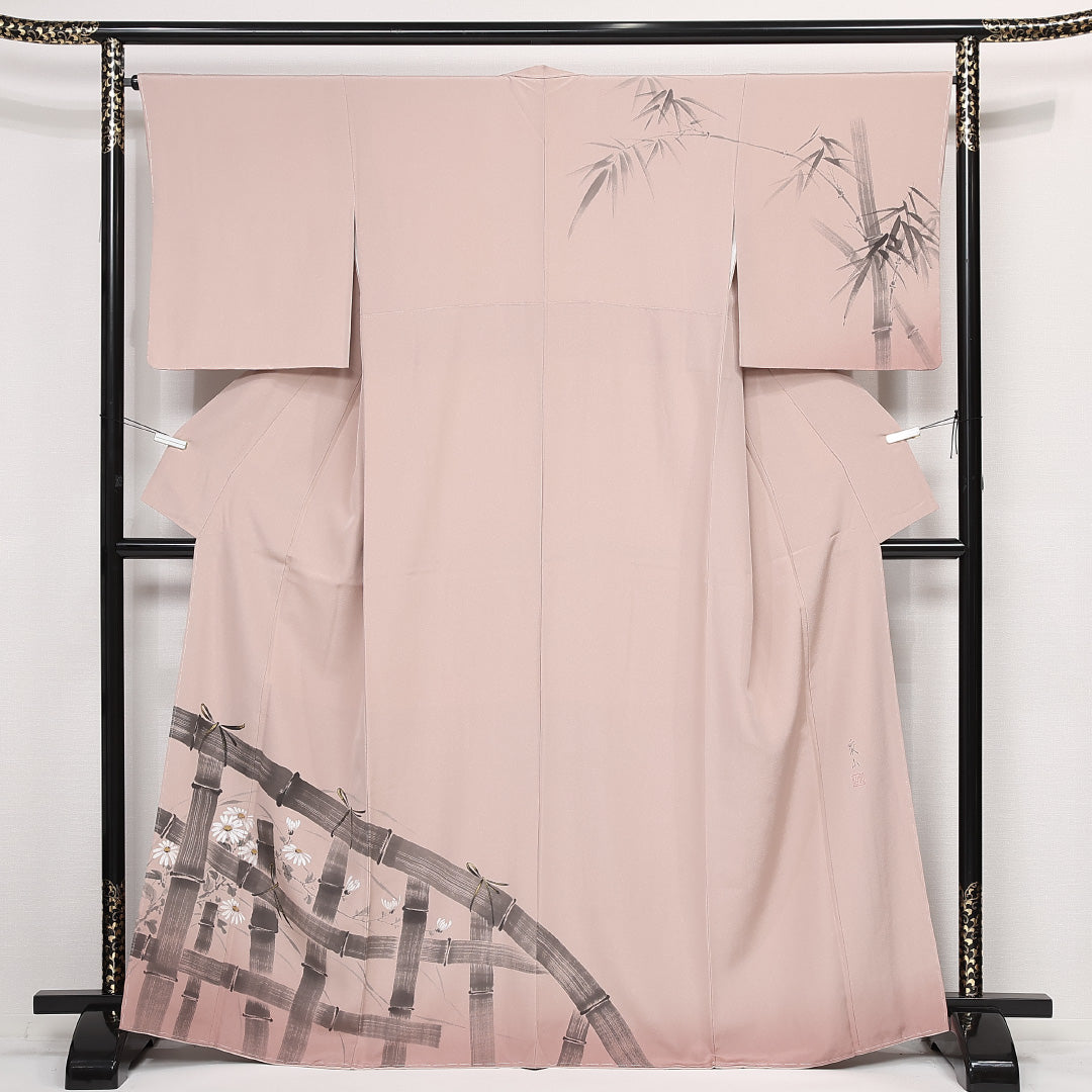 未使用品 訪問着 袷 身丈165cm 裄丈66cm 正絹 Nランク セミフォーマル 広衿 XLサイズ 泉山 作家物 落款 しつけ糸 ピンク系 PO 1217-13248