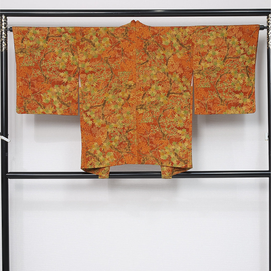 羽織 袷 身丈75cm 裄丈64cm 正絹 Sランク カジュアル Mサイズ 桜 紅葉 南天 朱系 RP 1232-12090