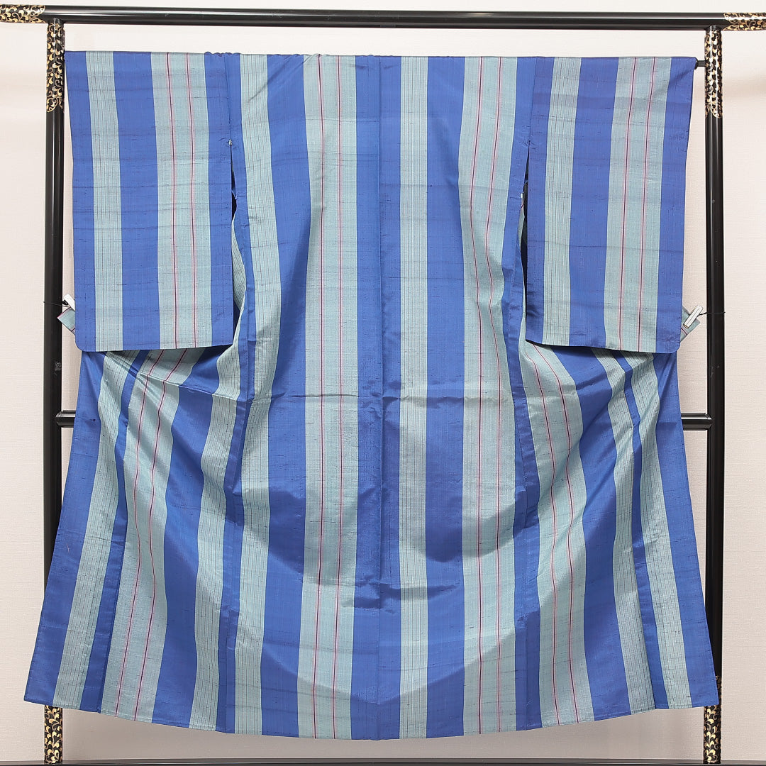 小紋 青系 正絹 単衣 縞 1221-17116 背面全体