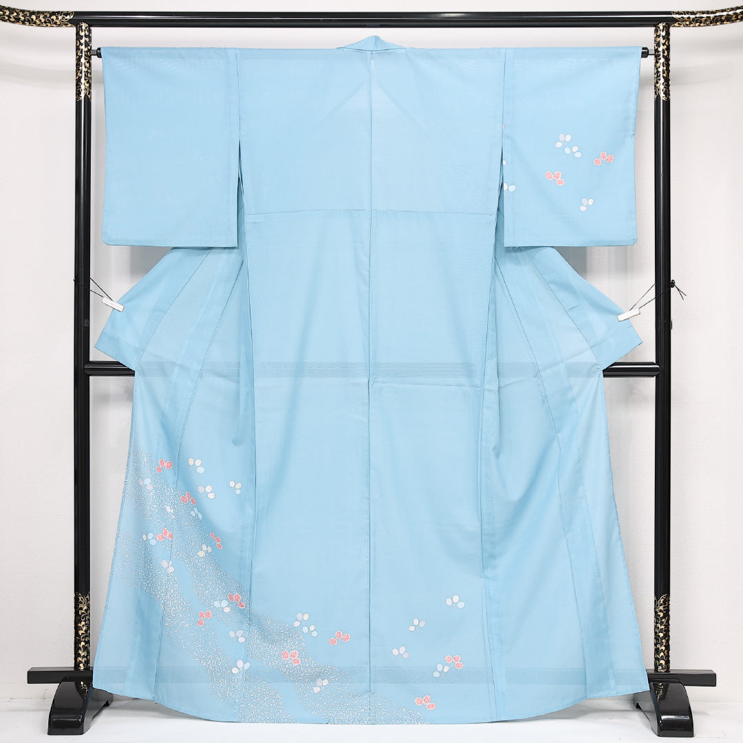 夏物 訪問着 絽 身丈166cm 裄丈64cm ポリエステル 洗える着物 Aランク セミフォーマル 広衿 XLサイズ 植物柄 抽象的 爽やか 水色系 RP 1217-13386