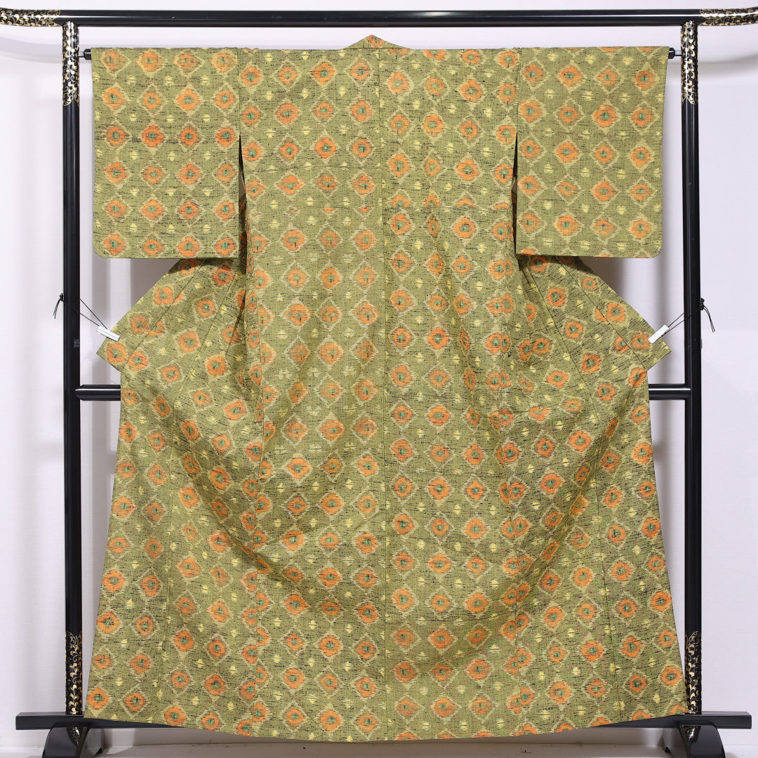 洗える着物 ウールの紬 単衣 身丈163cm 裄丈65cm ウール Sランク カジュアル バチ衿 Lサイズ 創作柄 緑系 RP 1223-11619