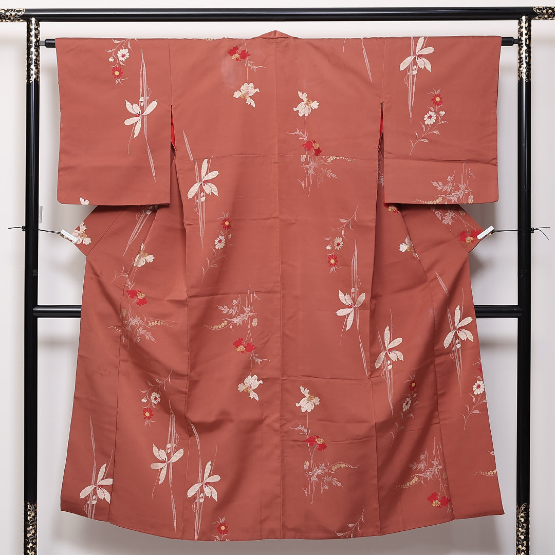 アンティーク 袷 身丈145cm 裄63cm 正絹 お召 草花 茶系 Cランク 1216-01356