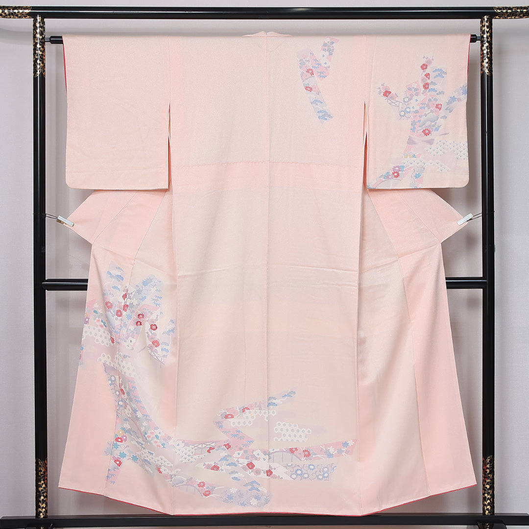 訪問着 袷 身丈152cm 裄丈63cm 正絹 Bランク セミフォーマル 広衿 Sサイズ 青海波 植物柄 光悦垣 ピンク系 RP 1217-12026
