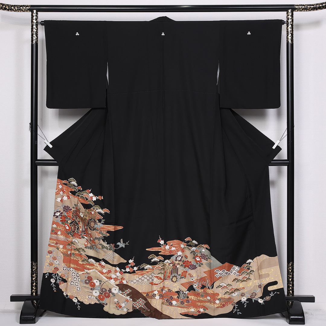 黒留袖 五つ紋 三つ柏 身丈165cm 裄丈64.5cm Sランク 正絹 袷 比翼 広衿 XL 吉祥文様 御所車 牡丹 フォーマル 黒系 1211-F0316