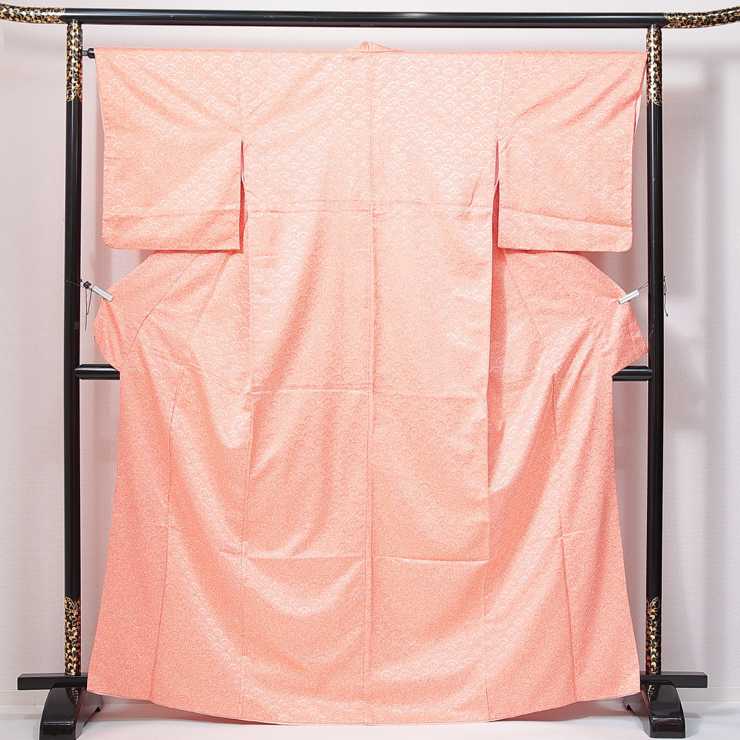 小紋 洗える着物 袷 身丈166cm 裄丈65cm ポリエステル Sランク XLサイズ 広衿 インフォーマル 青海波 ピンク系 白系 1215-14979